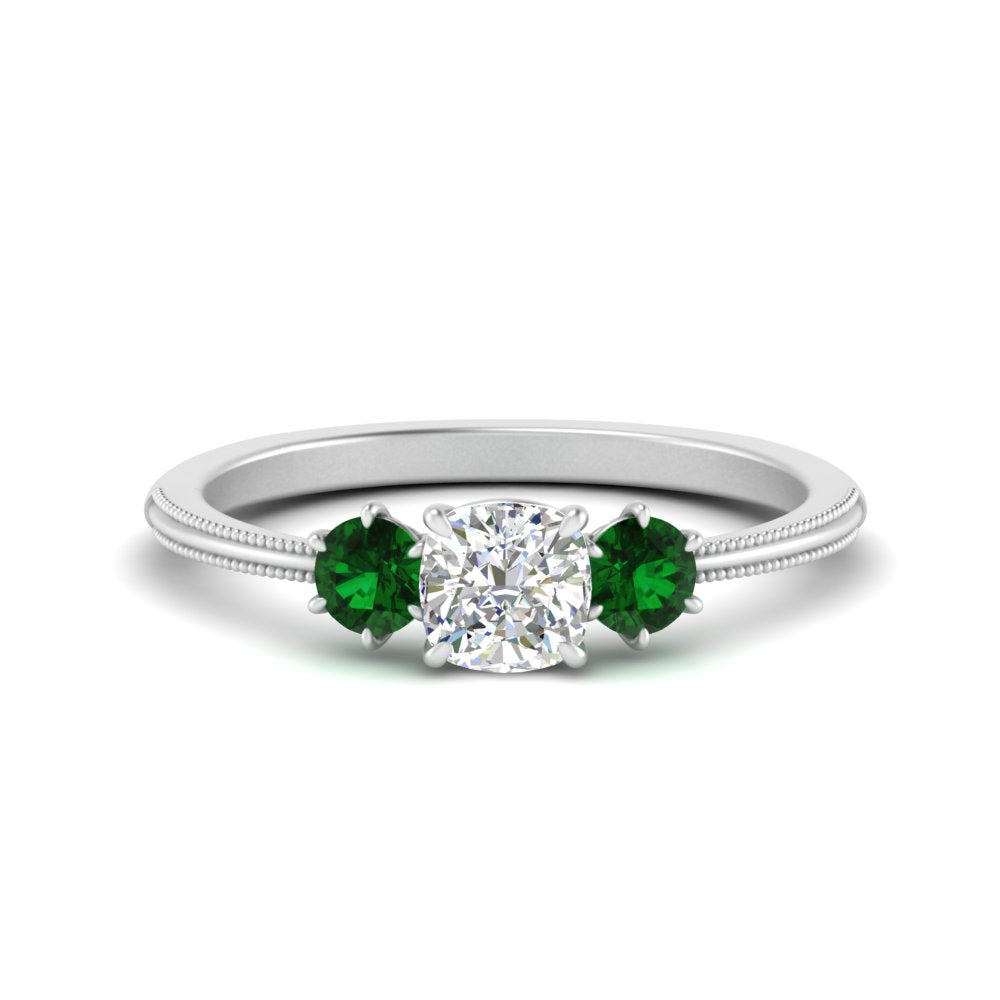 14K Gold Cushion & Round Cut Lab Diamond 3 Stone Engagement Ring