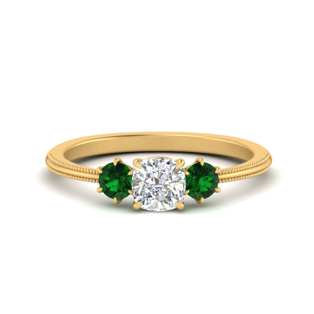 14K Gold Cushion & Round Cut Lab Diamond 3 Stone Engagement Ring