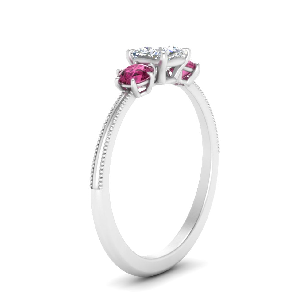 14K Gold Cushion & Round Cut Lab Diamond 3 Stone Engagement Ring