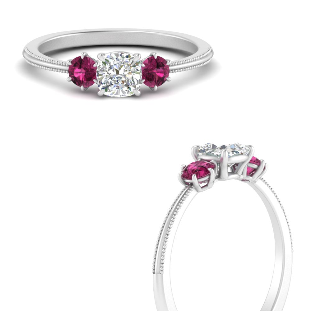 14K Gold Cushion & Round Cut Lab Diamond 3 Stone Engagement Ring