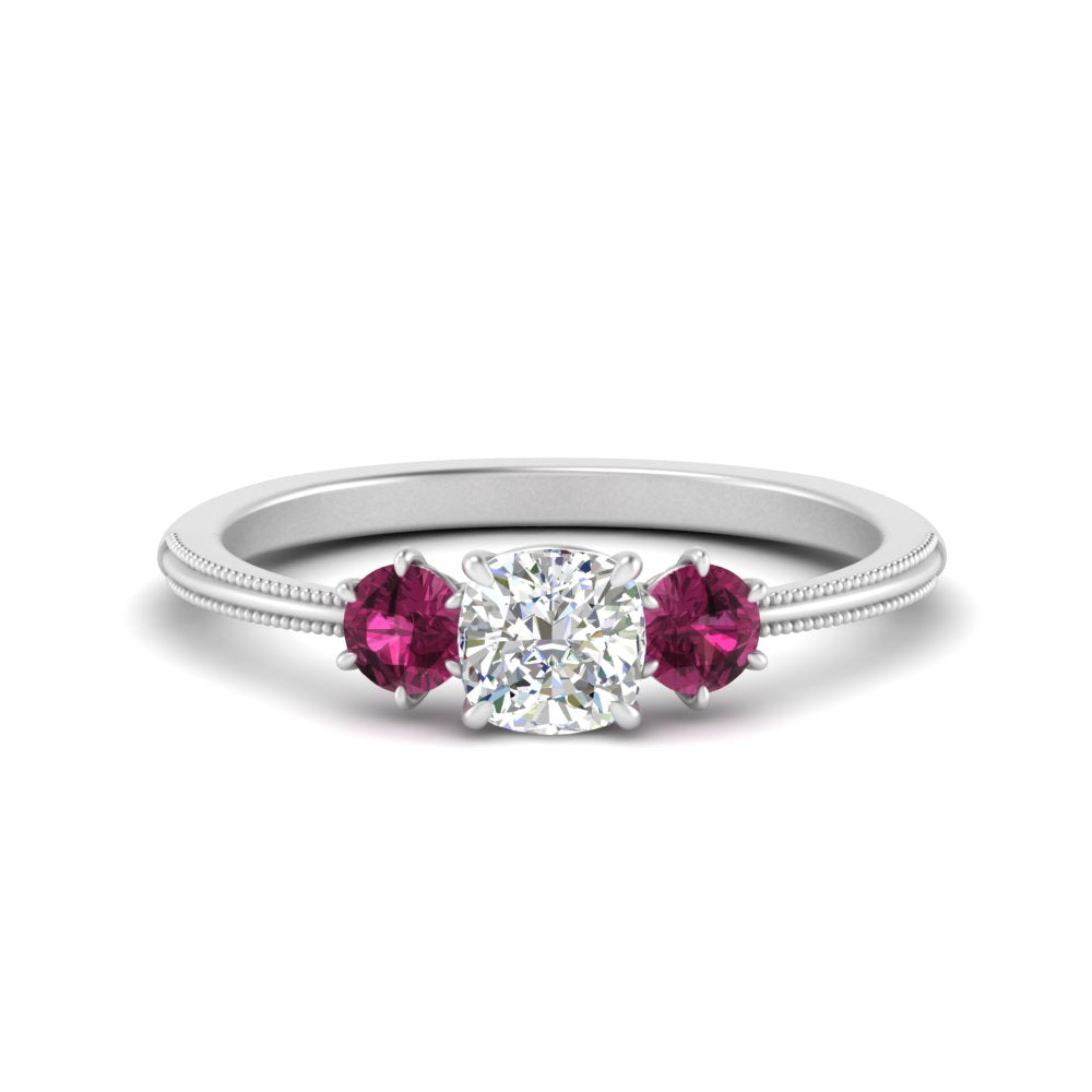 14K Gold Cushion & Round Cut Lab Diamond 3 Stone Engagement Ring