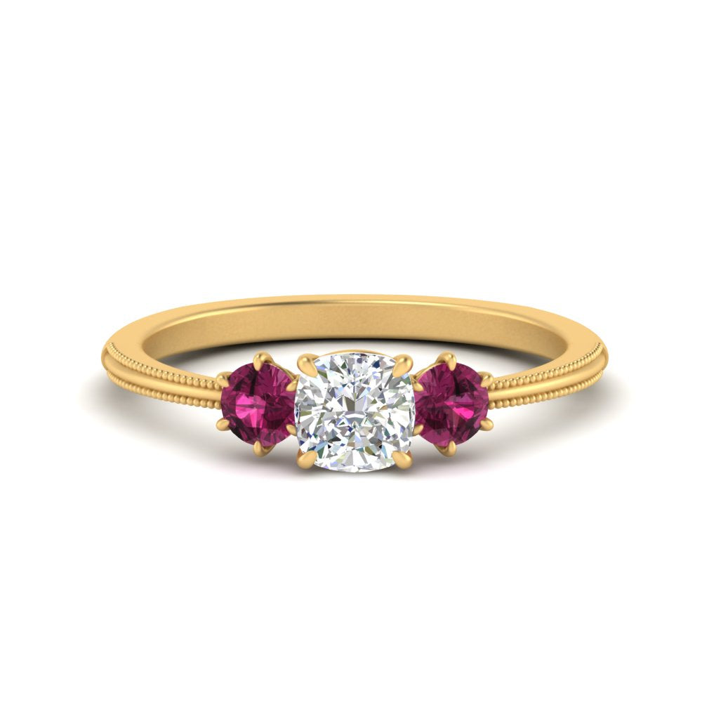 14K Gold Cushion & Round Cut Lab Diamond 3 Stone Engagement Ring