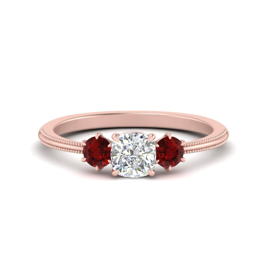 14K Gold Cushion & Round Cut Lab Diamond 3 Stone Engagement Ring