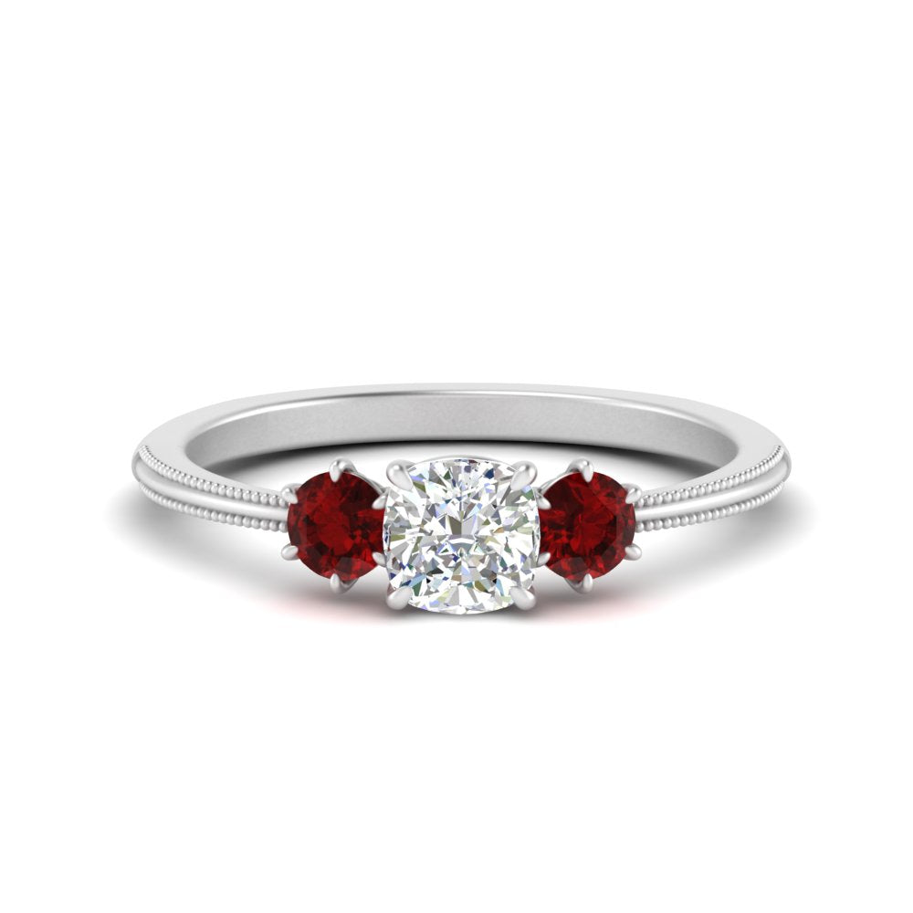 14K Gold Cushion & Round Cut Lab Diamond 3 Stone Engagement Ring