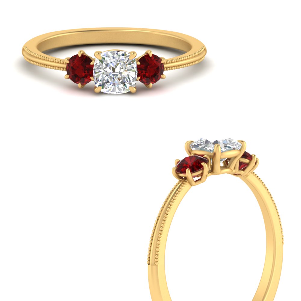 14K Gold Cushion & Round Cut Lab Diamond 3 Stone Engagement Ring