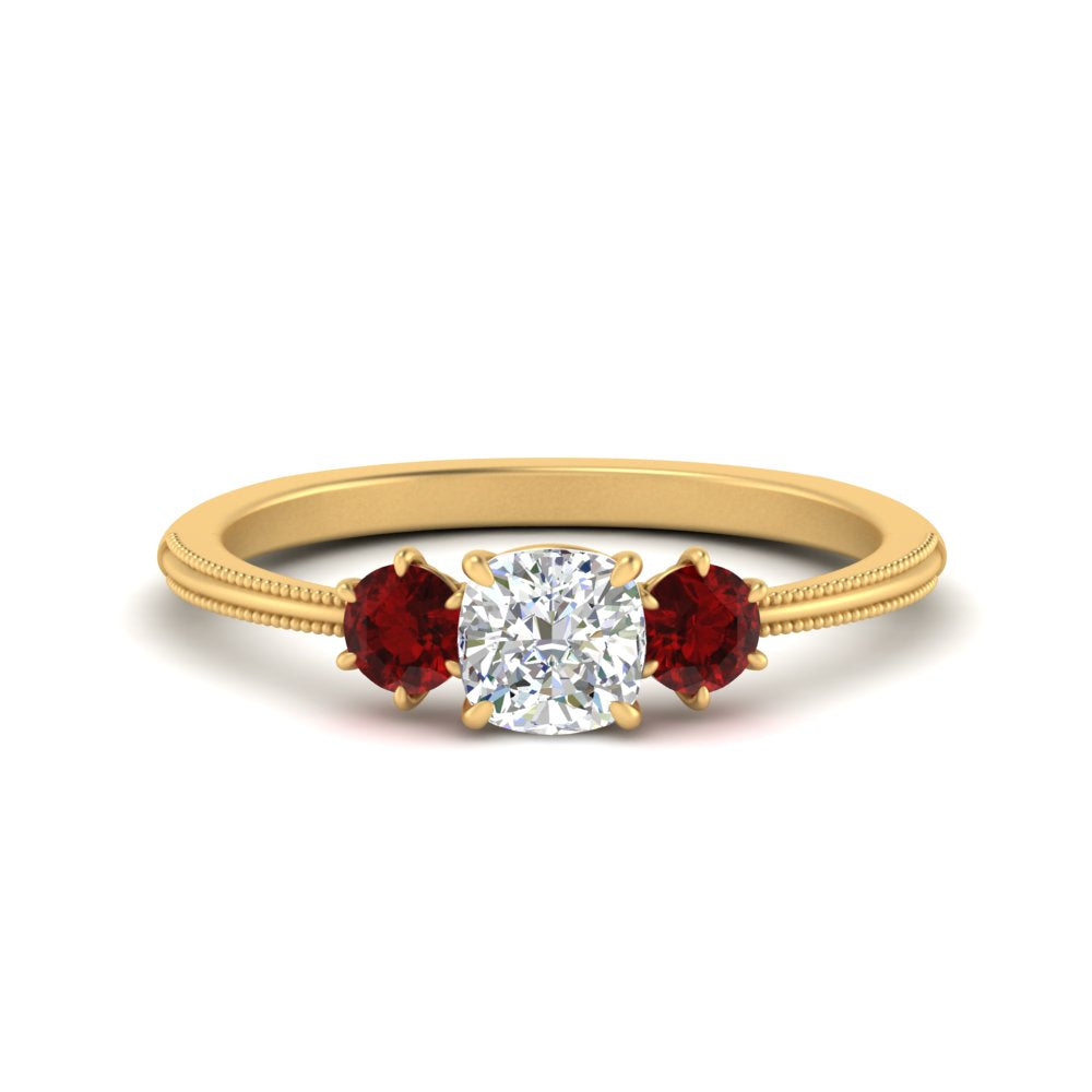 14K Gold Cushion & Round Cut Lab Diamond 3 Stone Engagement Ring