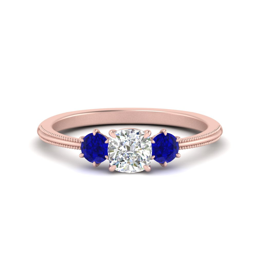 14K Gold Cushion & Round Cut Lab Diamond 3 Stone Engagement Ring