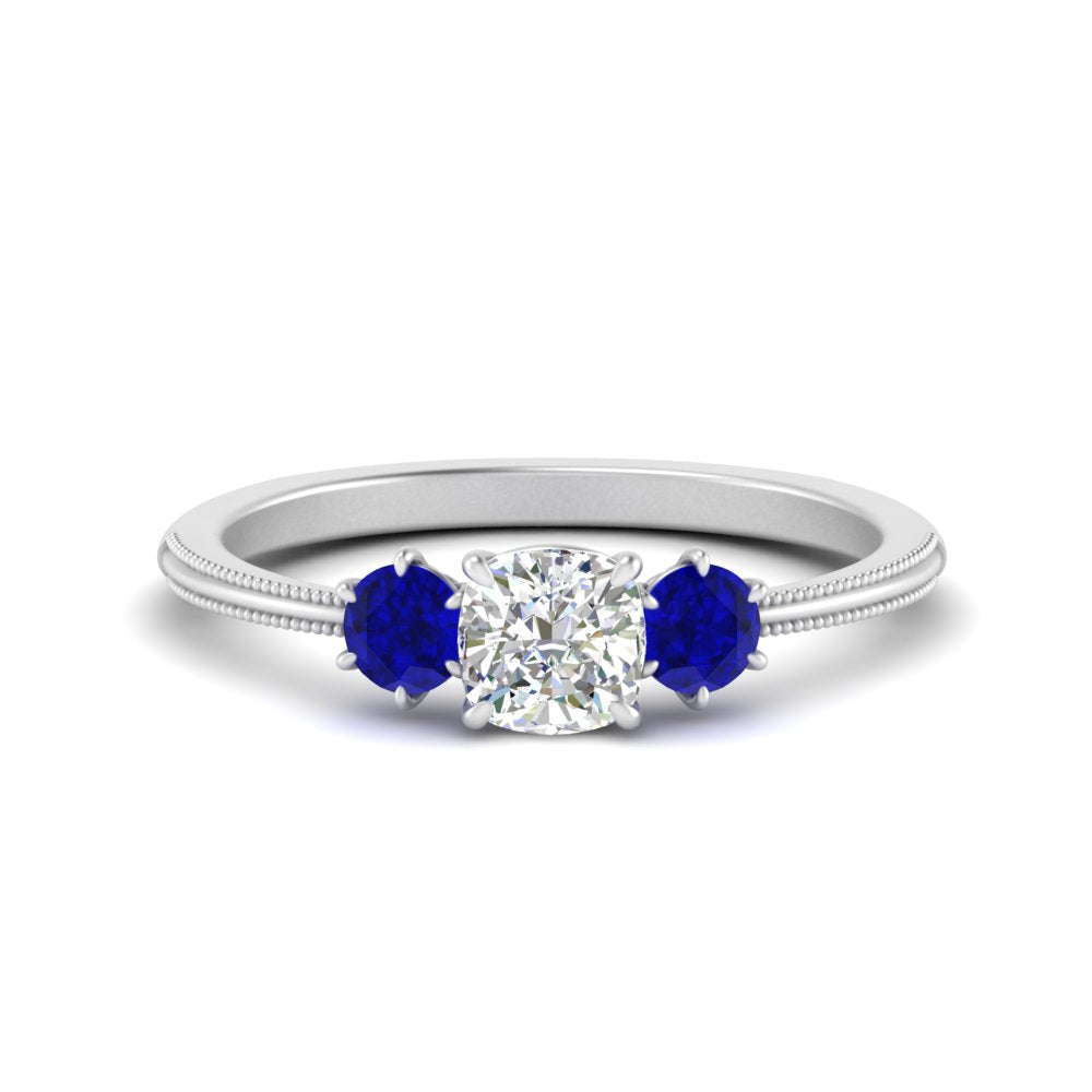 14K Gold Cushion & Round Cut Lab Diamond 3 Stone Engagement Ring