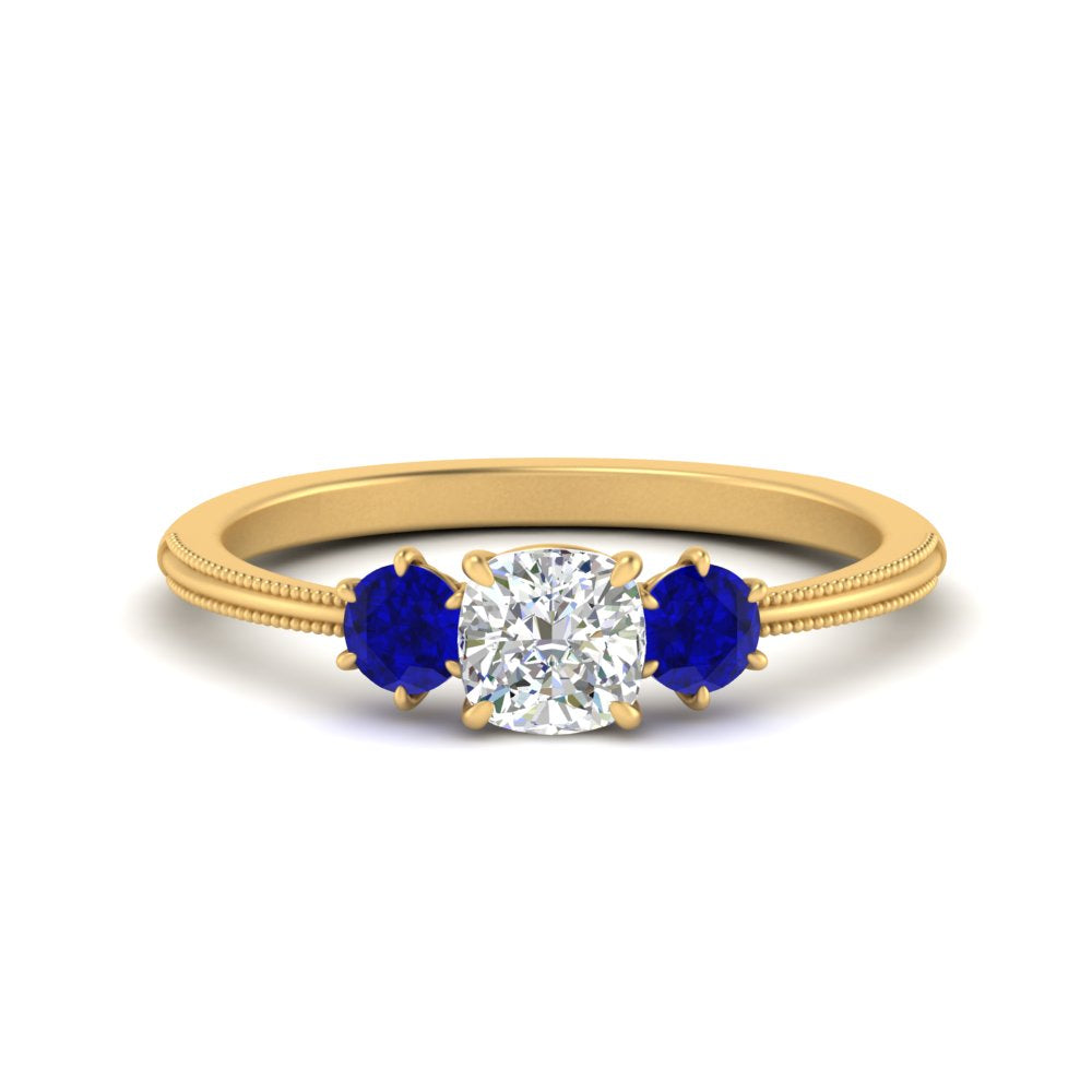 14K Gold Cushion & Round Cut Lab Diamond 3 Stone Engagement Ring