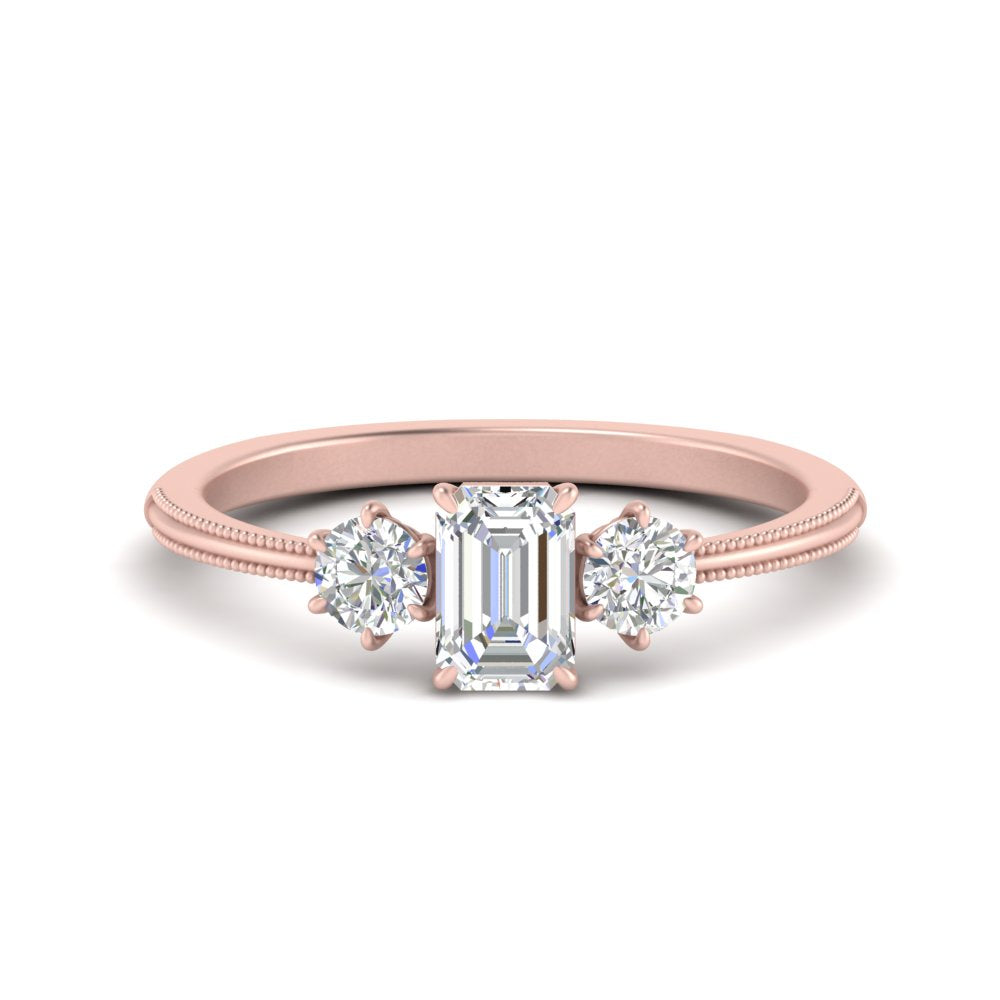 14K Gold Emerald & Round Cut Lab Diamond 3 Stone Engagement Ring