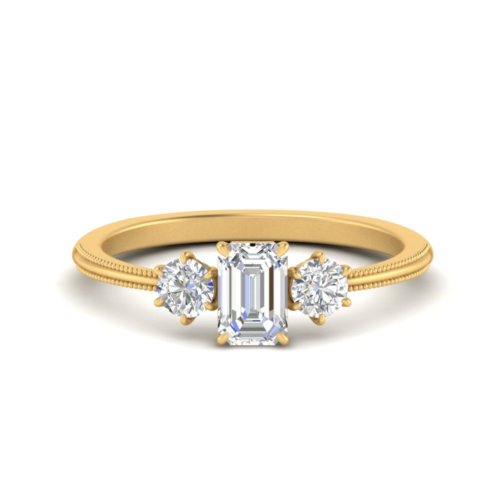 14K Gold Emerald & Round Cut Lab Diamond 3 Stone Engagement Ring