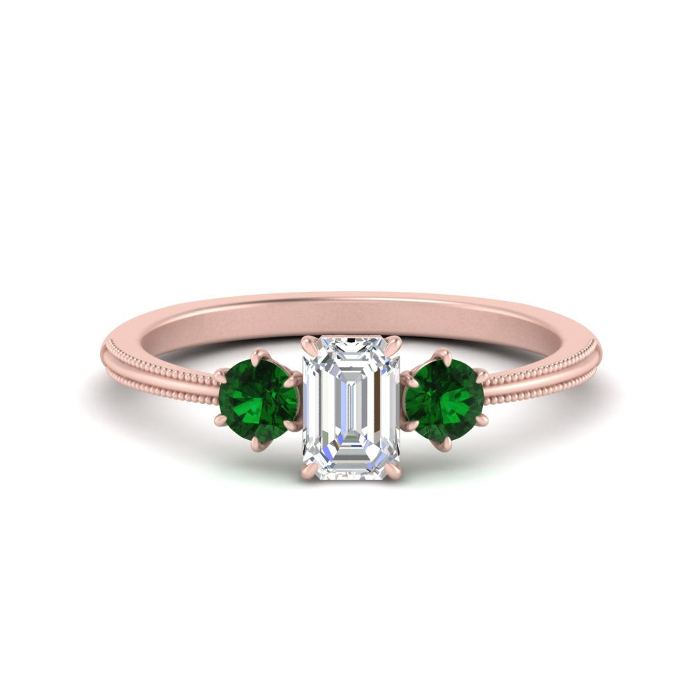 14K Gold Emerald & Round Cut Lab Diamond 3 Stone Engagement Ring