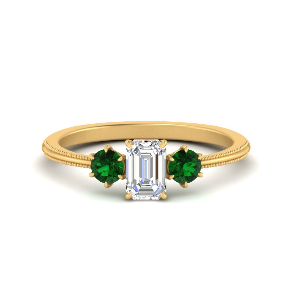 14K Gold Emerald & Round Cut Lab Diamond 3 Stone Engagement Ring