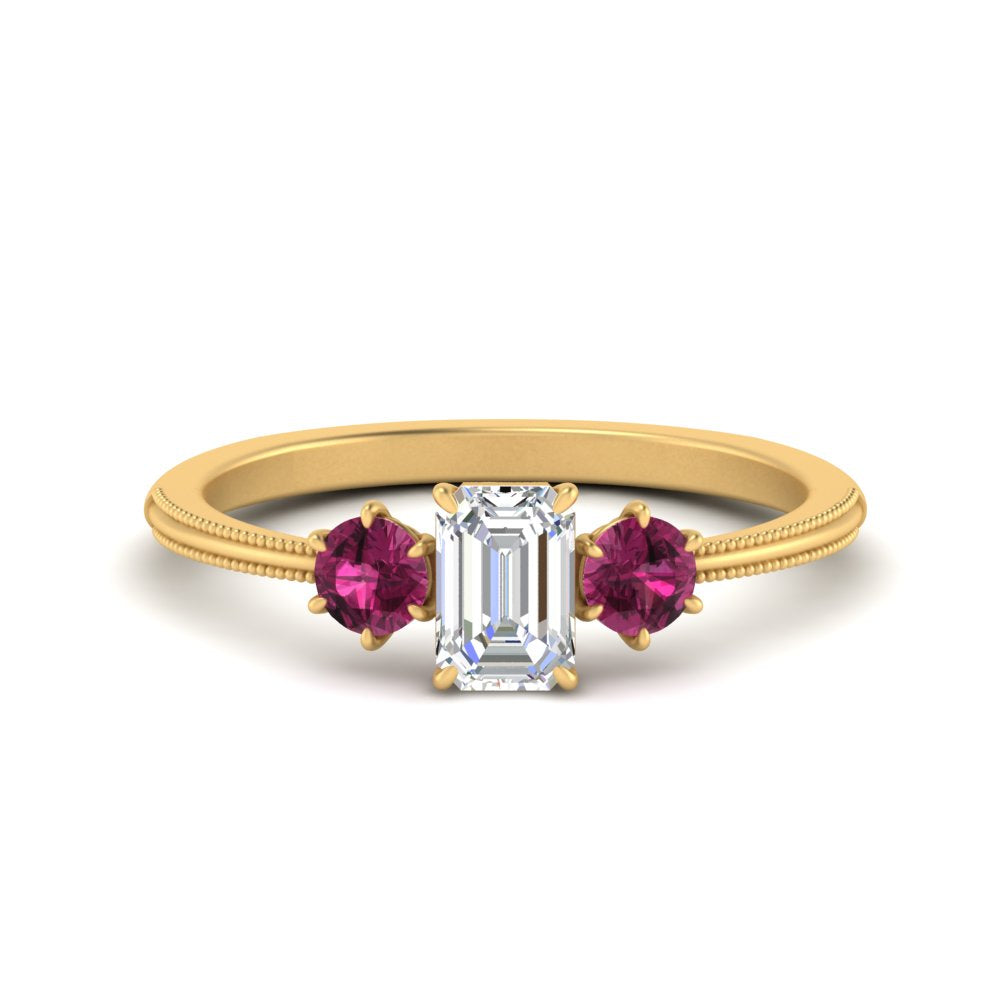14K Gold Emerald & Round Cut Lab Diamond 3 Stone Engagement Ring