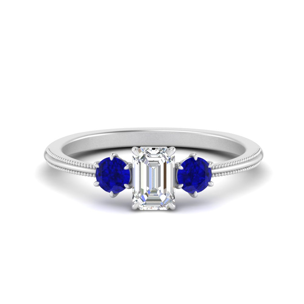 14K Gold Emerald & Round Cut Lab Diamond 3 Stone Engagement Ring