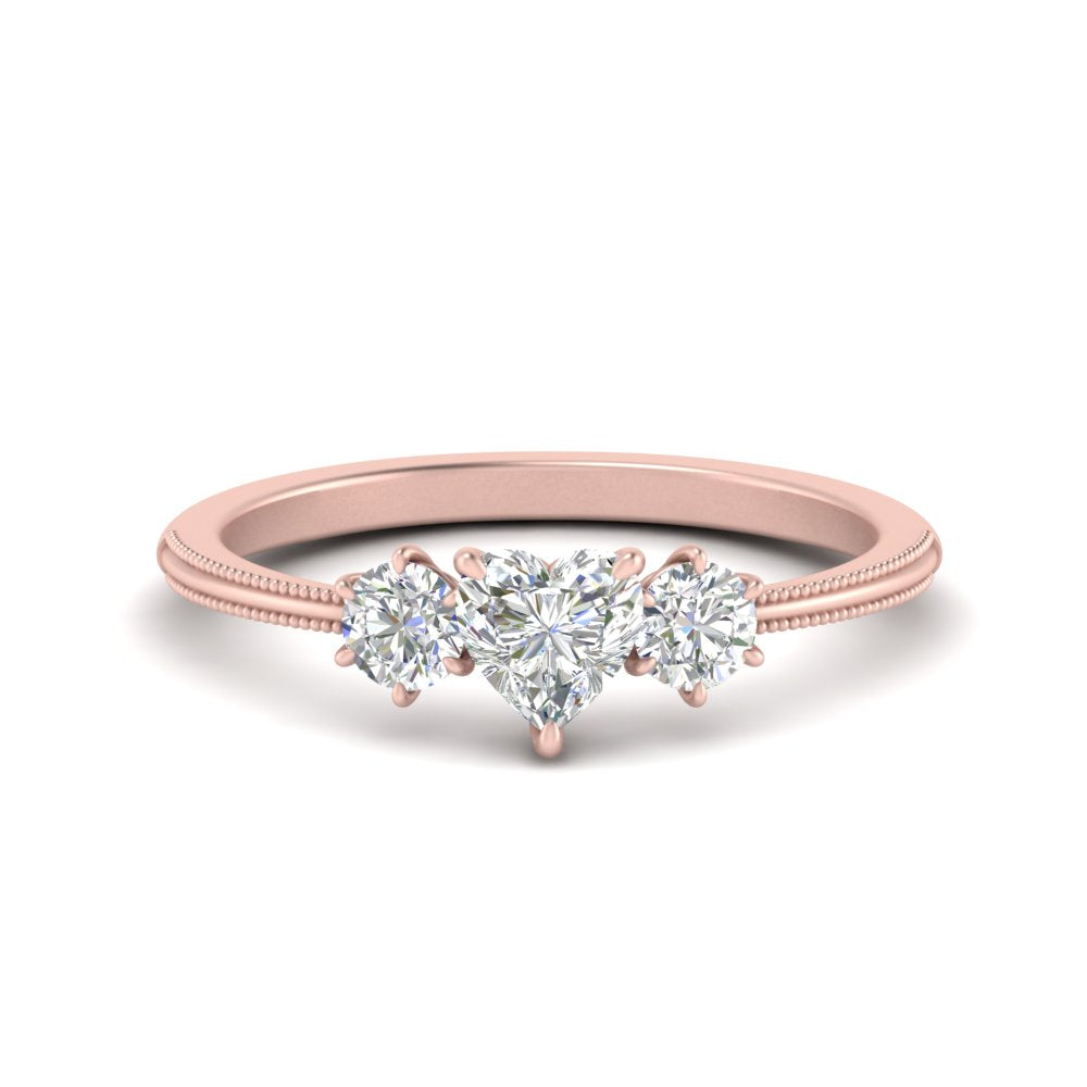 14K Gold Heart & Round Cut Diamond 3 Stone Engagement Ring
