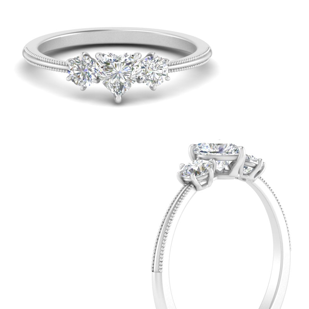 14K Gold Heart & Round Cut Diamond 3 Stone Engagement Ring