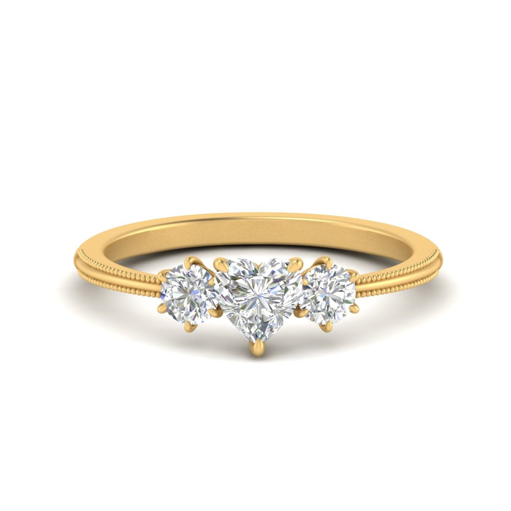 14K Gold Heart & Round Cut Diamond 3 Stone Engagement Ring