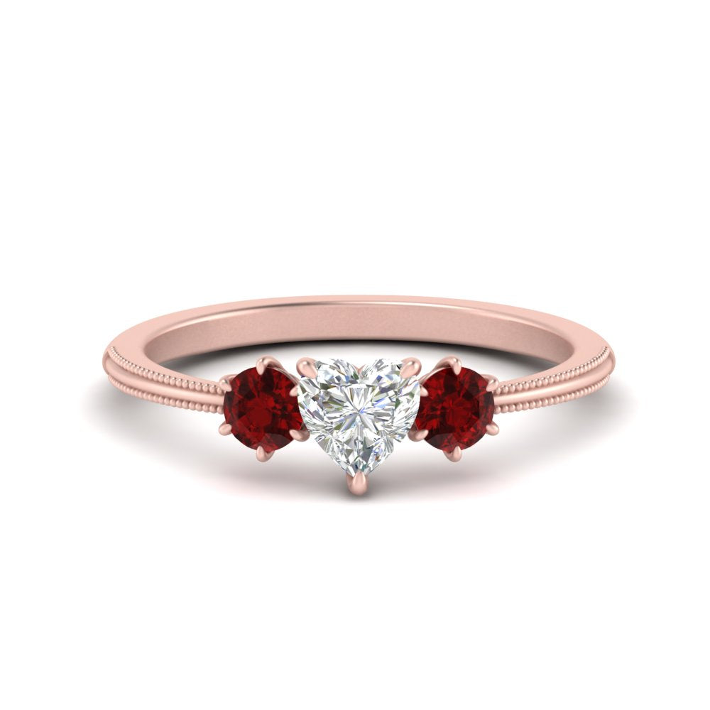 14K Gold Heart & Round Cut Diamond 3 Stone Engagement Ring