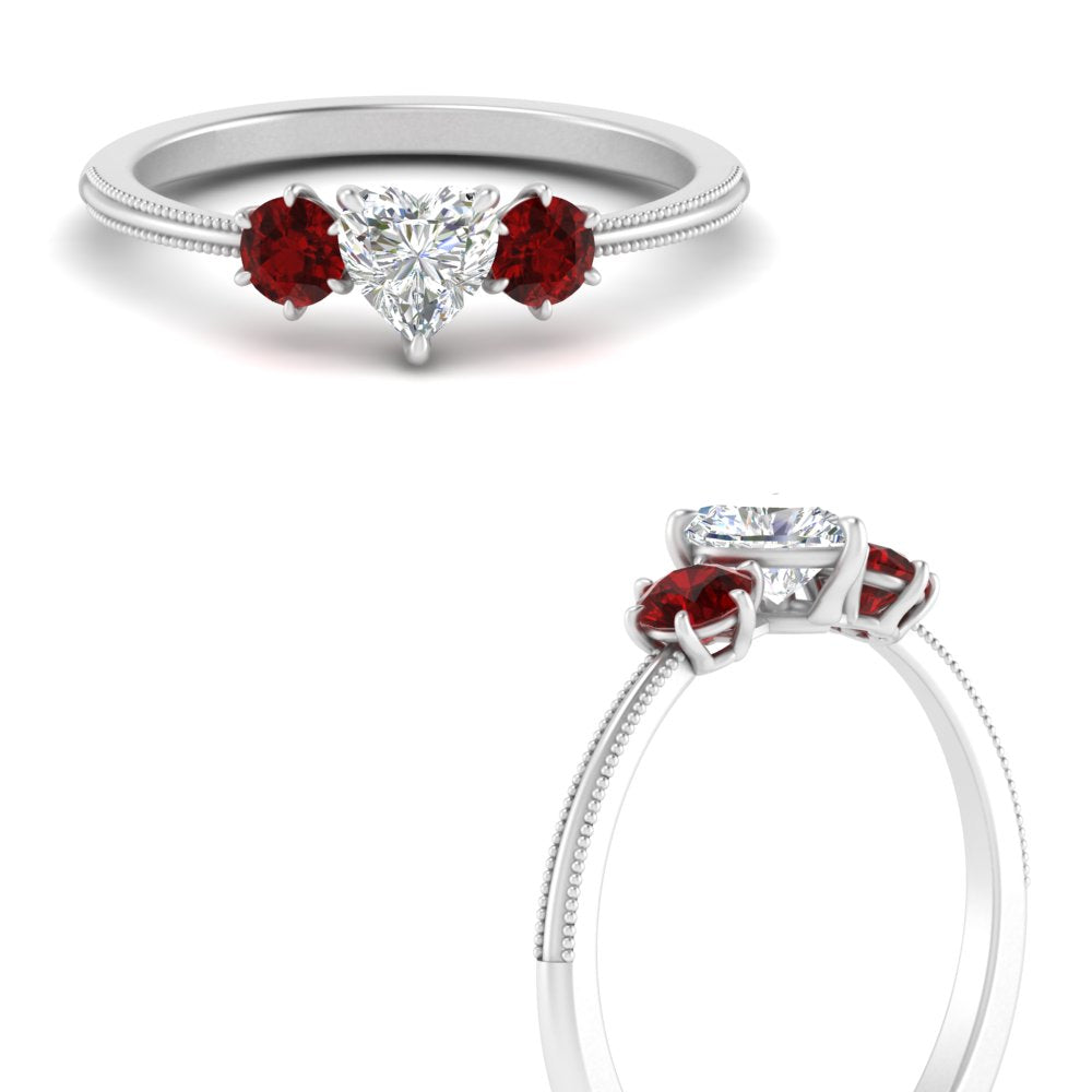 14K Gold Heart & Round Cut Diamond 3 Stone Engagement Ring