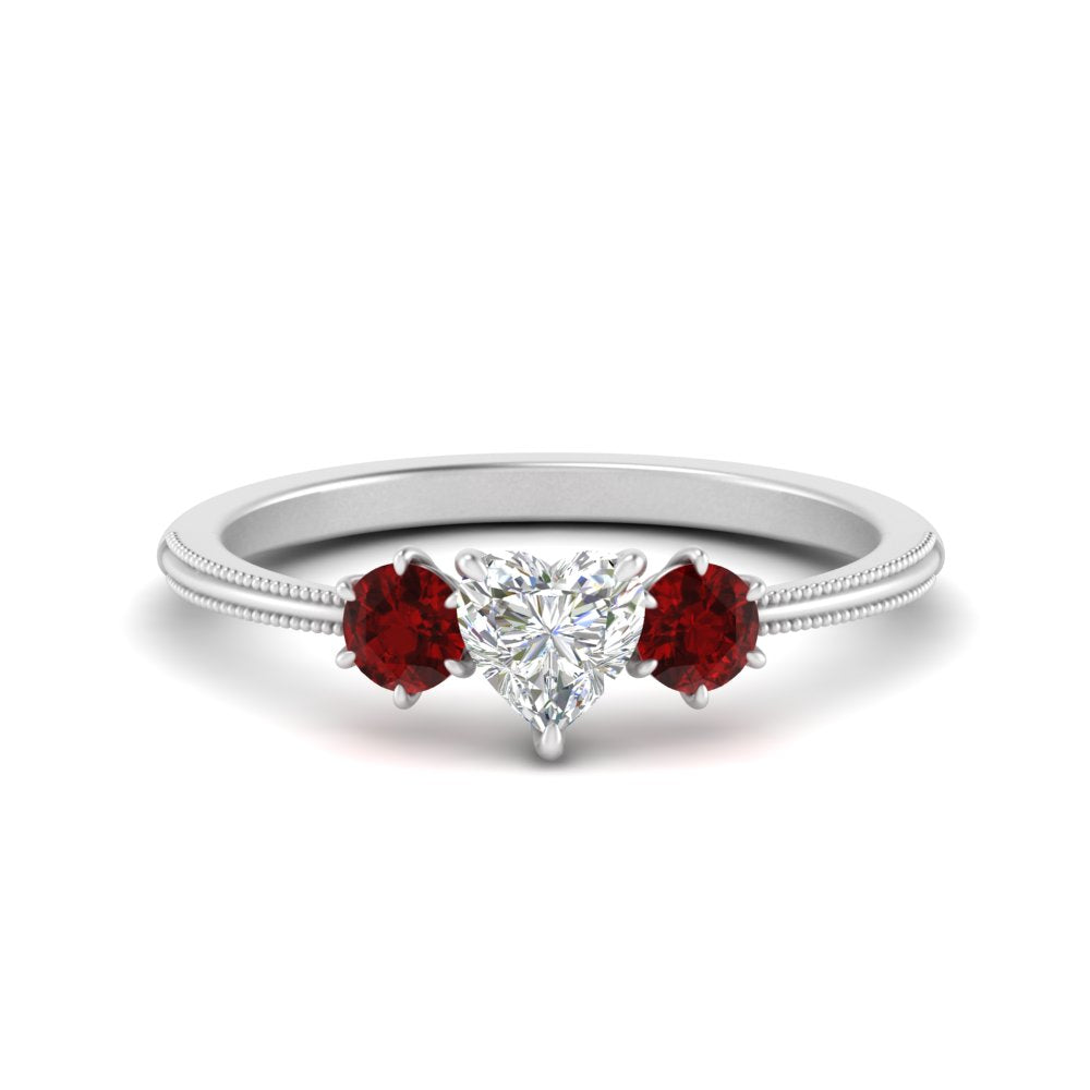 14K Gold Heart & Round Cut Diamond 3 Stone Engagement Ring