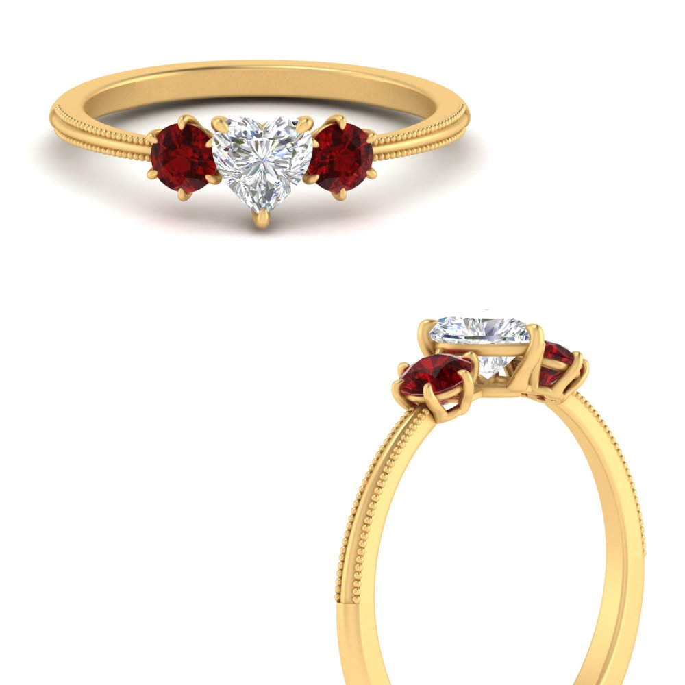 14K Gold Heart & Round Cut Diamond 3 Stone Engagement Ring
