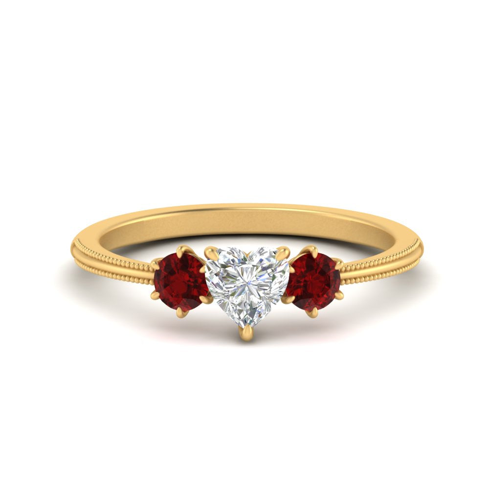14K Gold Heart & Round Cut Diamond 3 Stone Engagement Ring