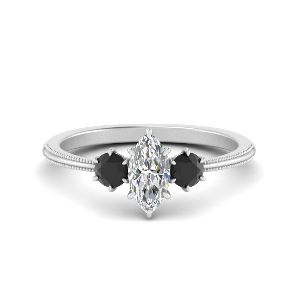 14K Gold Marquise & Round Cut Diamond 3 Stone Engagement Ring
