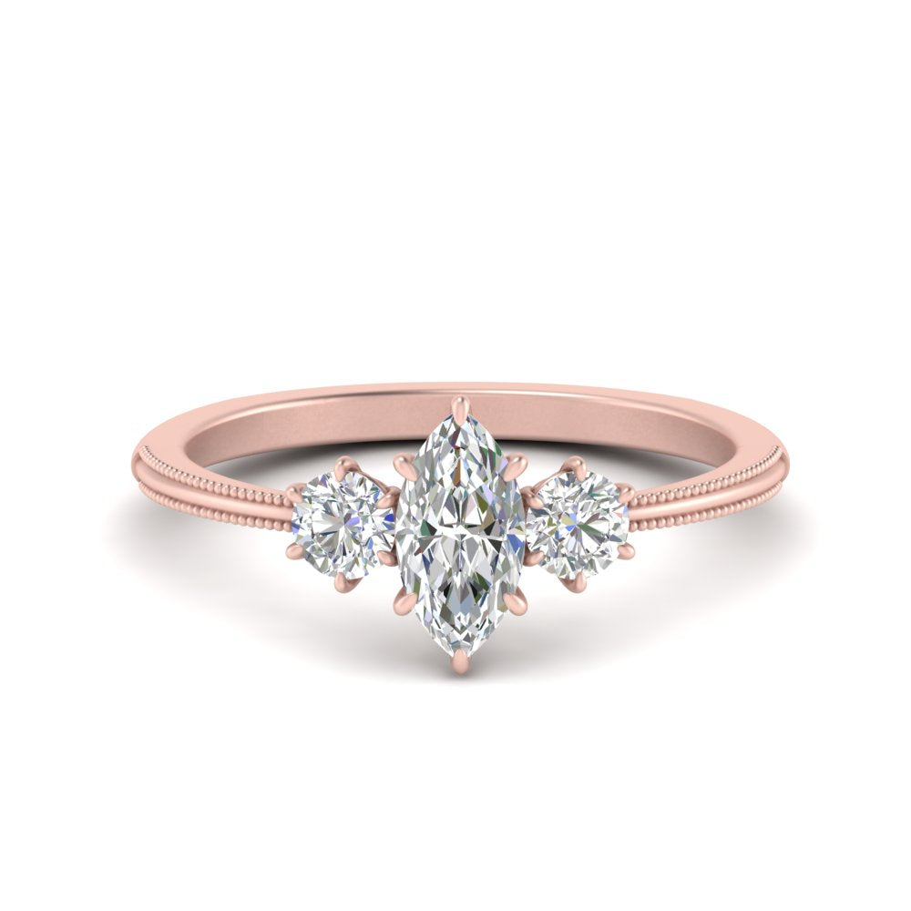 14K Gold Marquise & Round Cut Diamond 3 Stone Engagement Ring