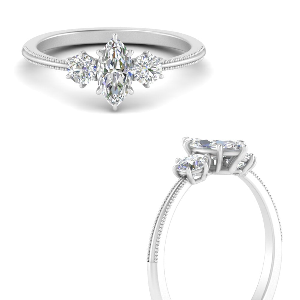 14K Gold Marquise & Round Cut Diamond 3 Stone Engagement Ring