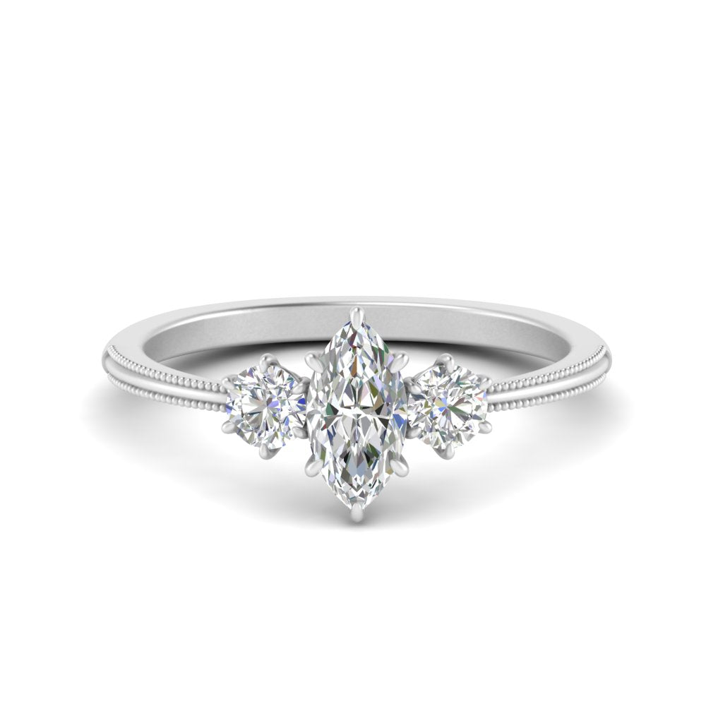 14K Gold Marquise & Round Cut Diamond 3 Stone Engagement Ring