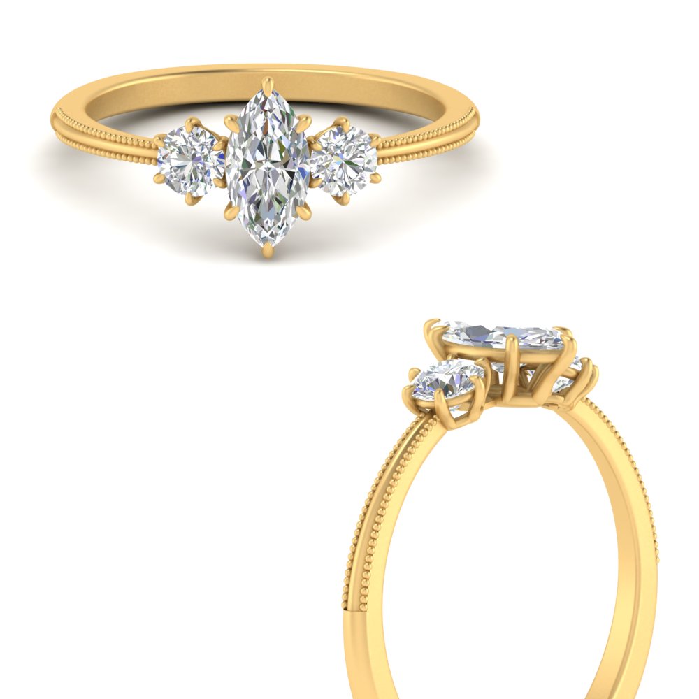 14K Gold Marquise & Round Cut Diamond 3 Stone Engagement Ring