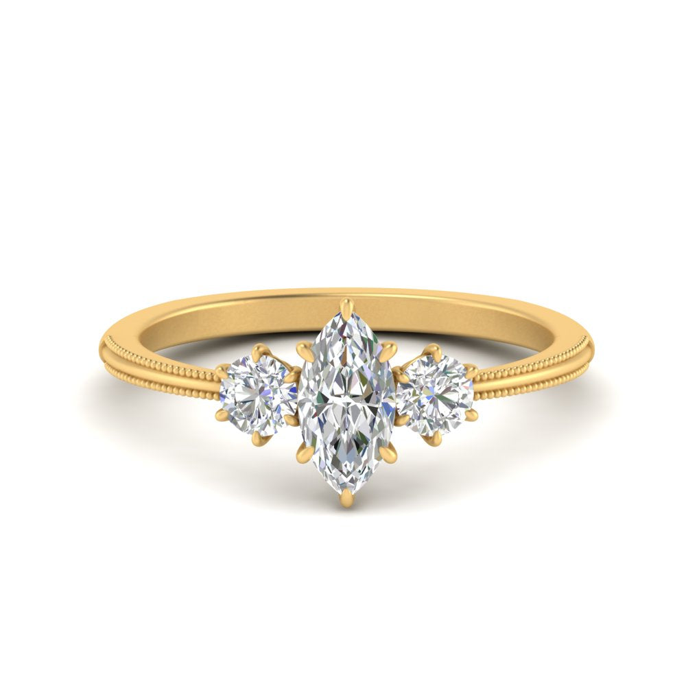 14K Gold Marquise & Round Cut Diamond 3 Stone Engagement Ring