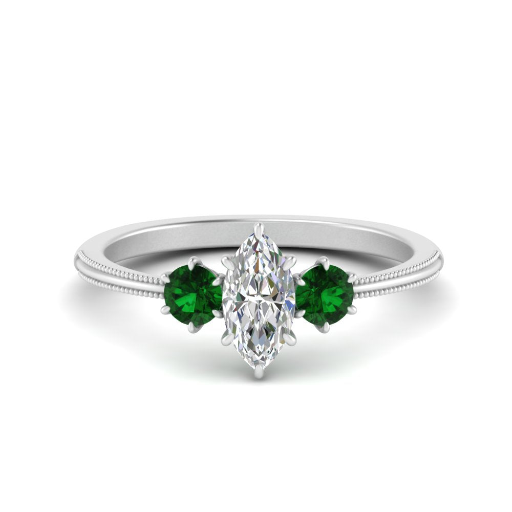 14K Gold Marquise & Round Cut Diamond 3 Stone Engagement Ring