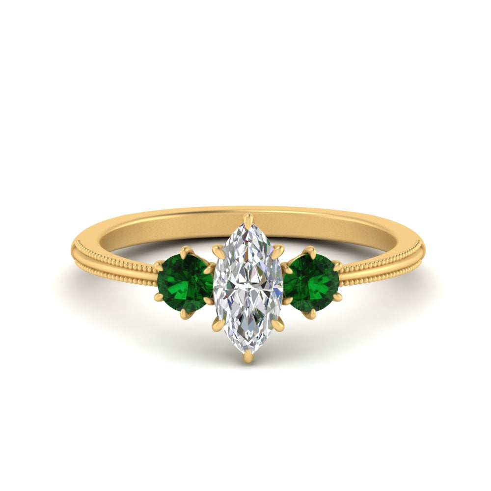 14K Gold Marquise & Round Cut Diamond 3 Stone Engagement Ring