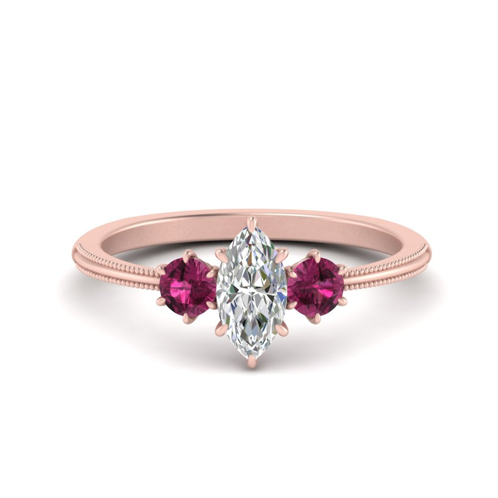 14K Gold Marquise & Round Cut Diamond 3 Stone Engagement Ring