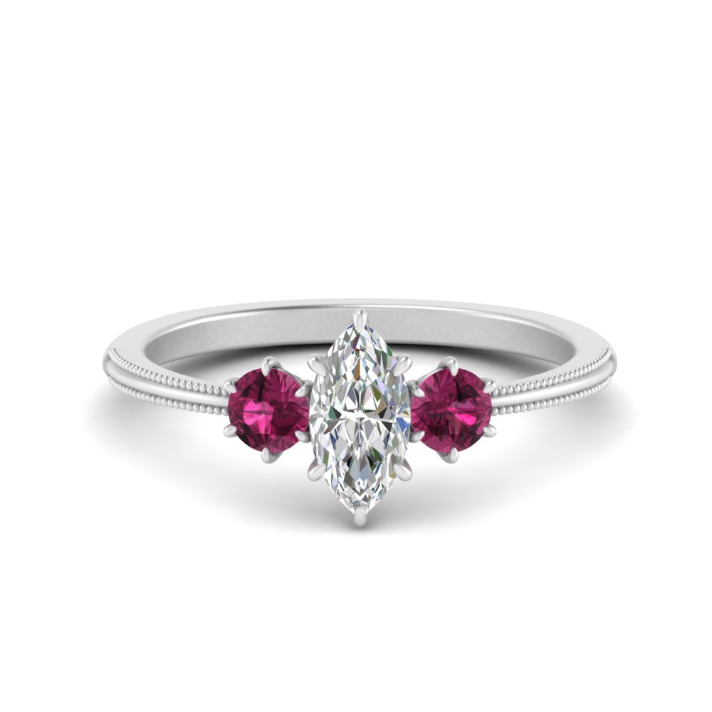 14K Gold Marquise & Round Cut Diamond 3 Stone Engagement Ring