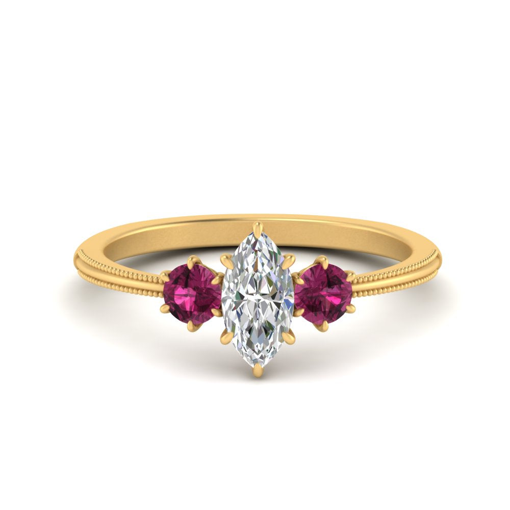 14K Gold Marquise & Round Cut Diamond 3 Stone Engagement Ring