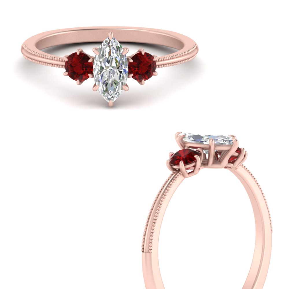 14K Gold Marquise & Round Cut Diamond 3 Stone Engagement Ring