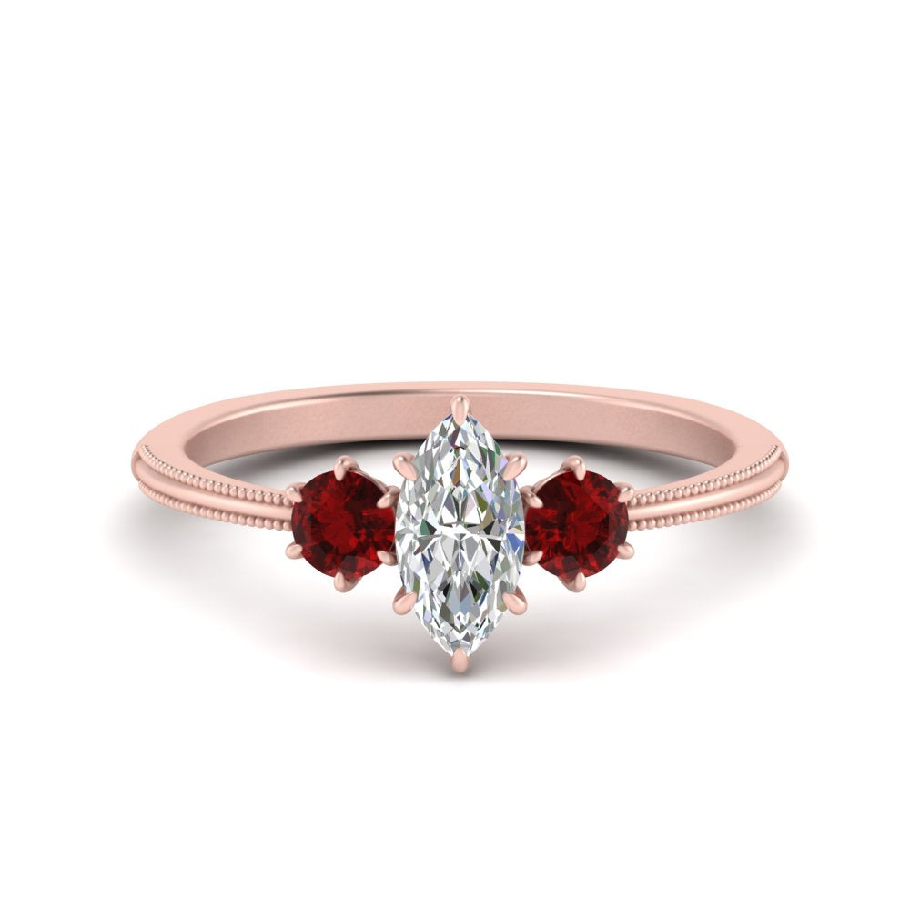 14K Gold Marquise & Round Cut Diamond 3 Stone Engagement Ring