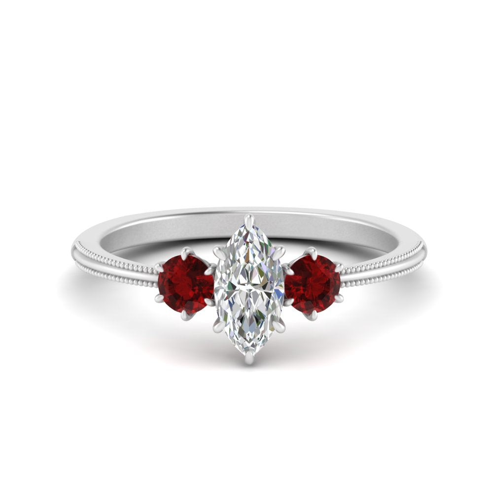 14K Gold Marquise & Round Cut Diamond 3 Stone Engagement Ring