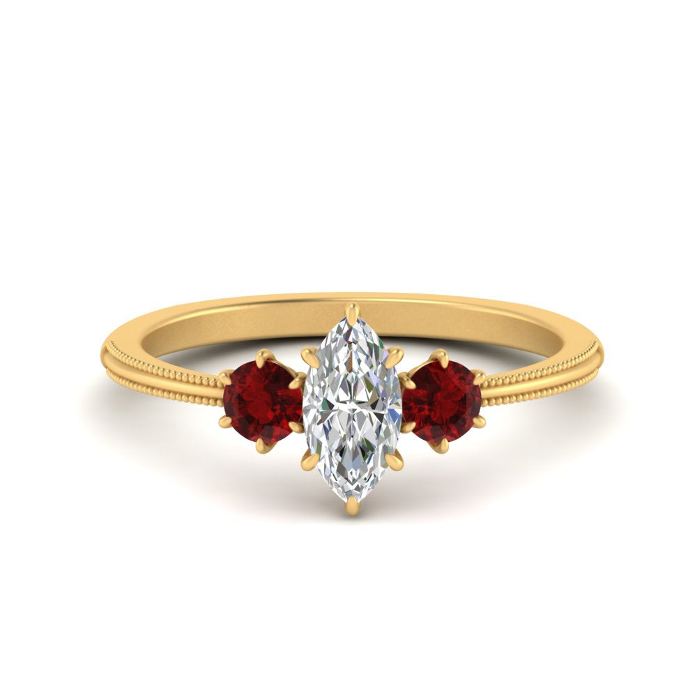 14K Gold Marquise & Round Cut Diamond 3 Stone Engagement Ring