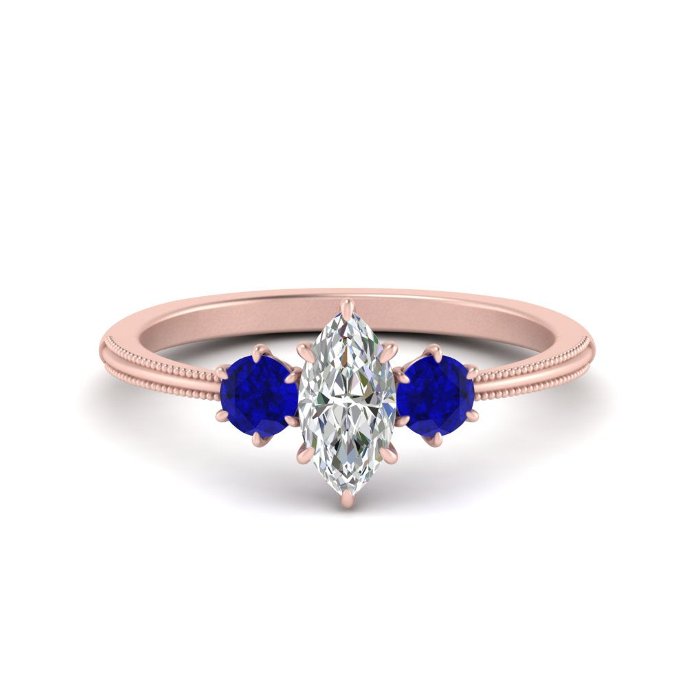 14K Gold Marquise & Round Cut Diamond 3 Stone Engagement Ring