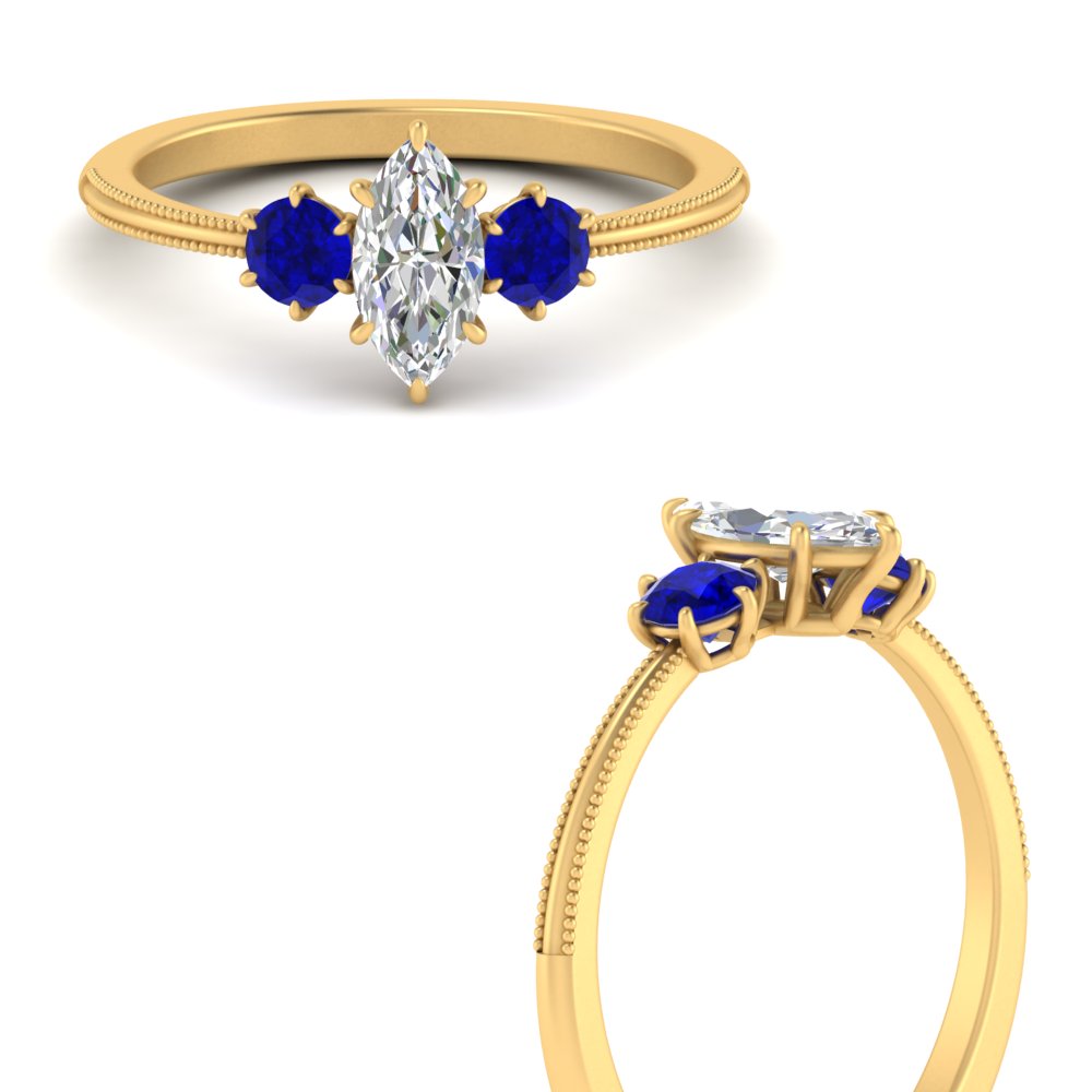 14K Gold Marquise & Round Cut Diamond 3 Stone Engagement Ring