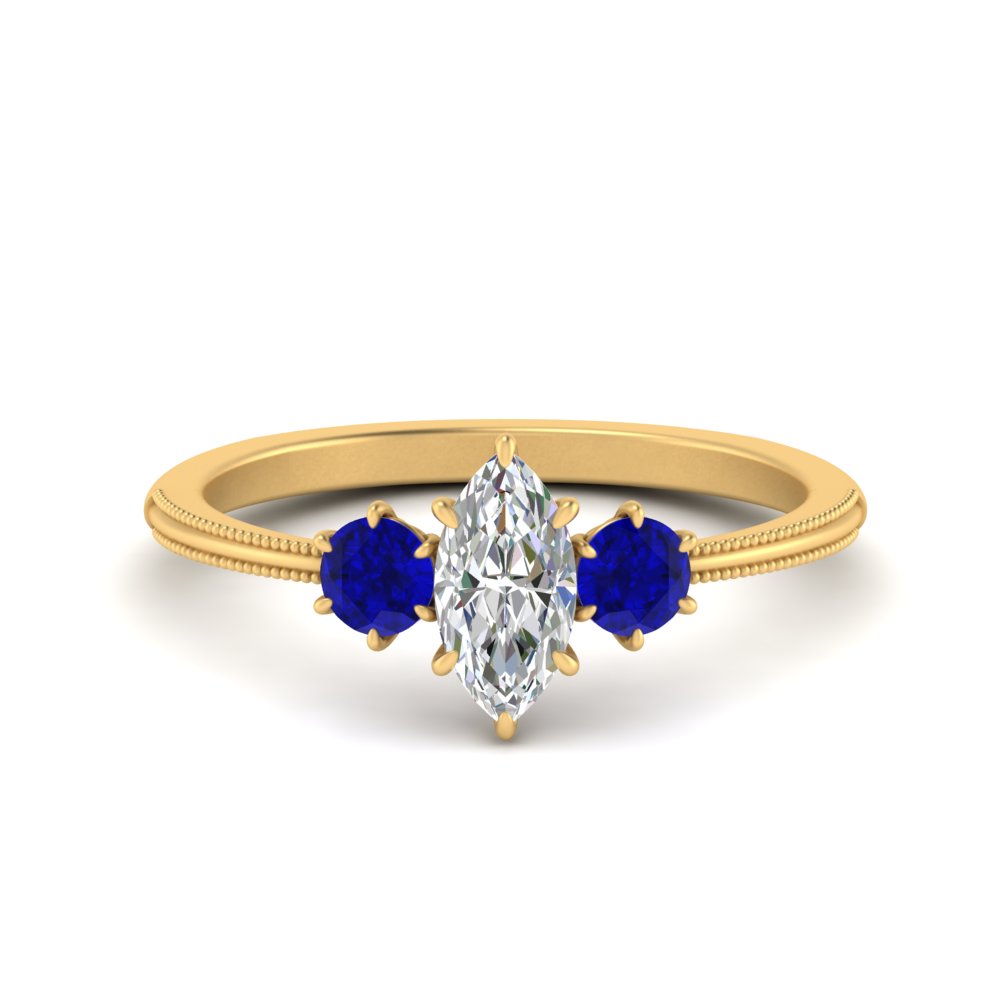 14K Gold Marquise & Round Cut Diamond 3 Stone Engagement Ring
