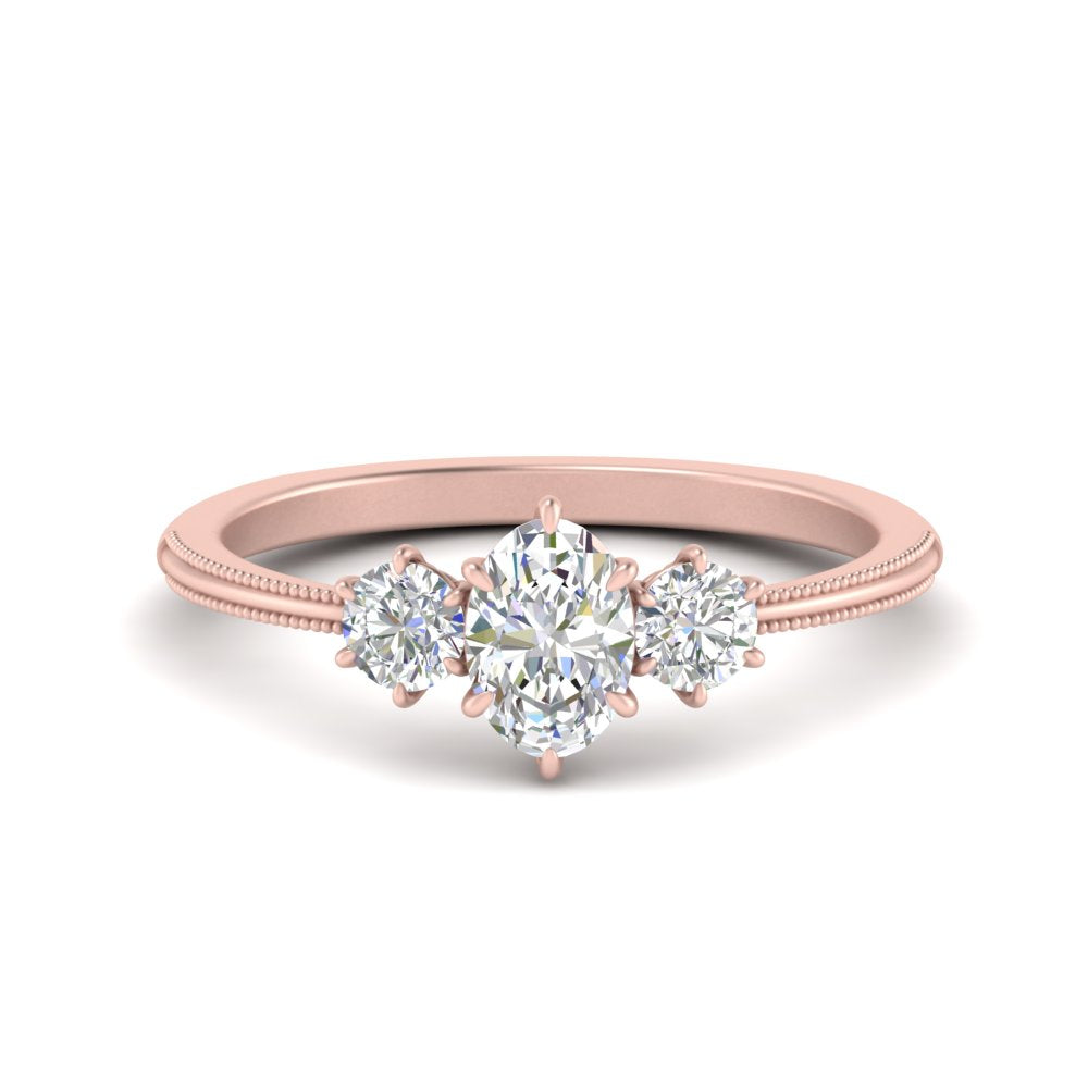 14K Gold Oval & Round Cut Diamond 3 Stone Engagement Ring