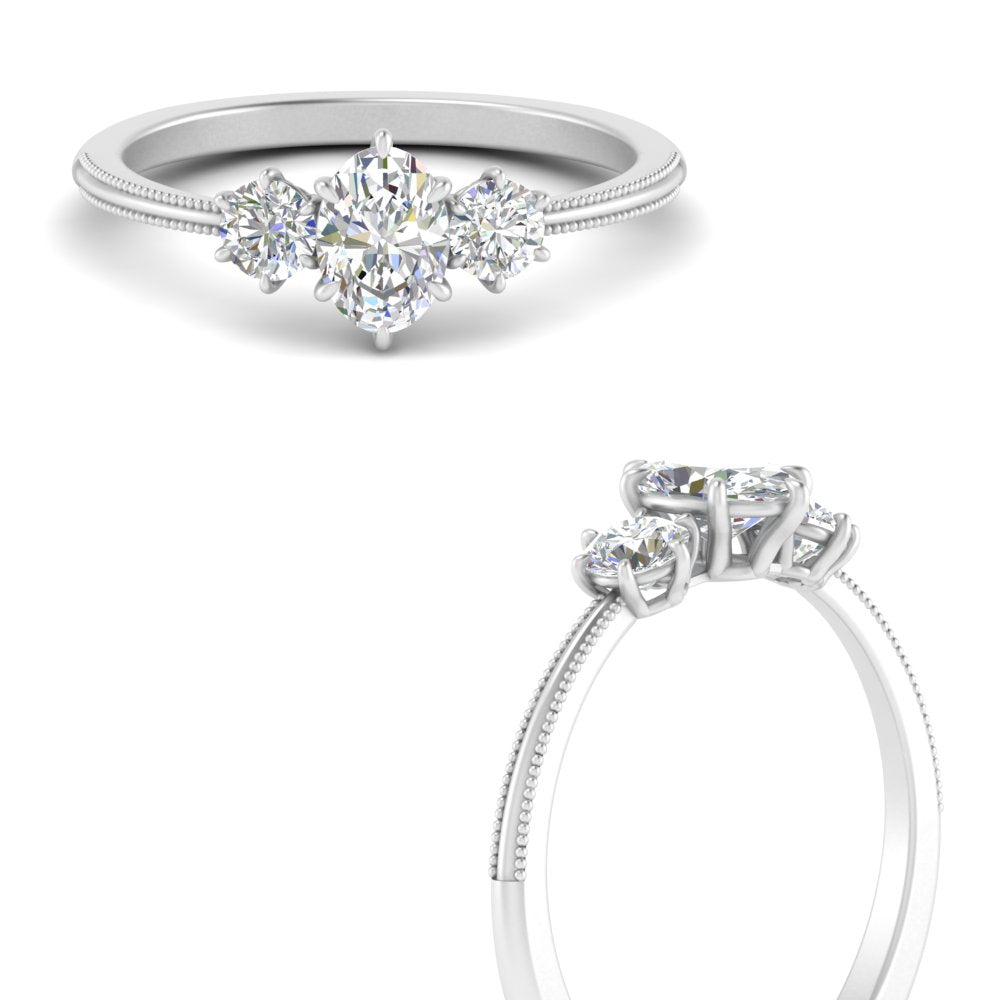 14K Gold Oval & Round Cut Diamond 3 Stone Engagement Ring