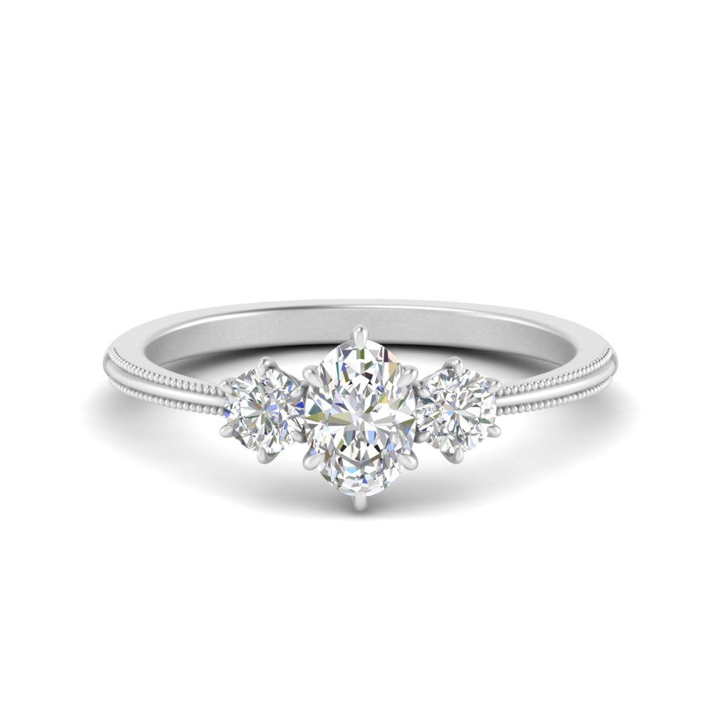 14K Gold Oval & Round Cut Diamond 3 Stone Engagement Ring