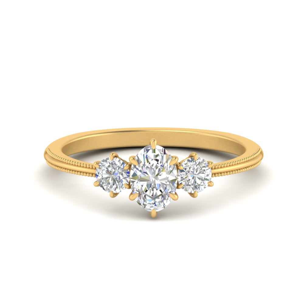 14K Gold Oval & Round Cut Diamond 3 Stone Engagement Ring