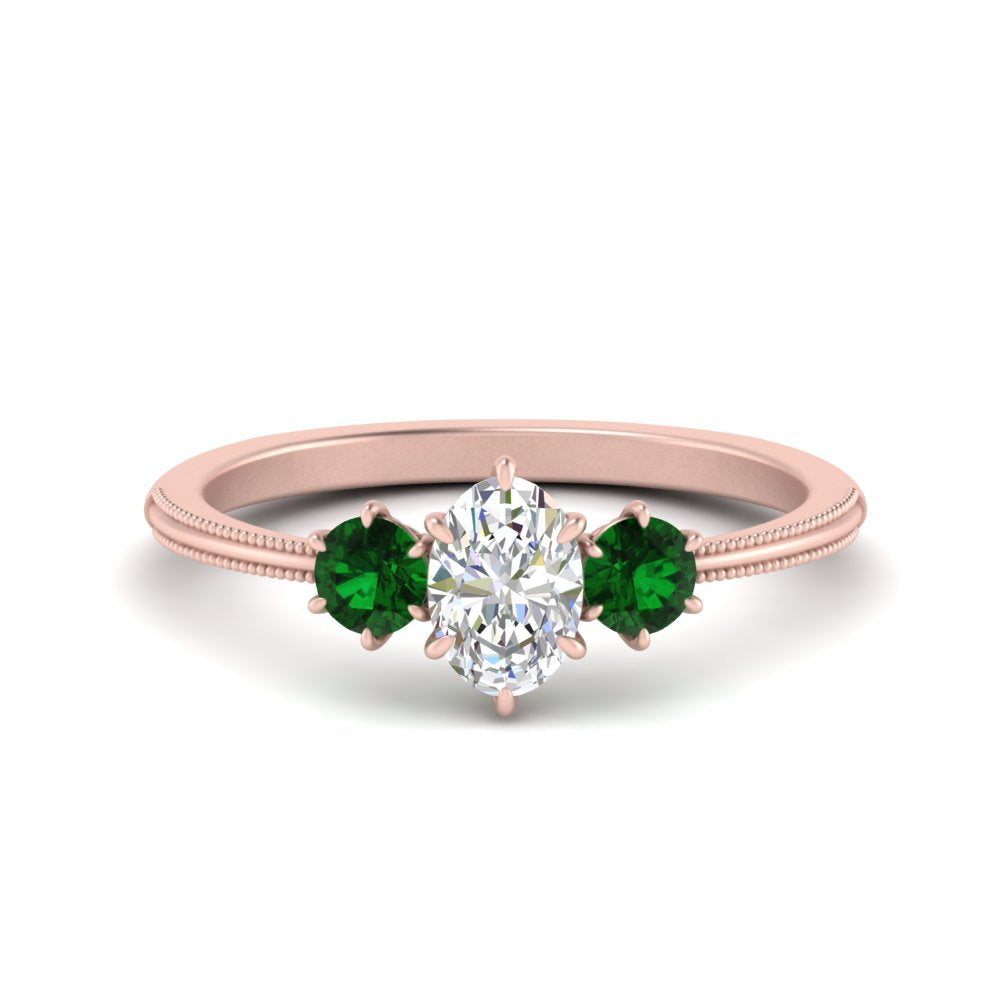 14K Gold Oval & Round Cut Diamond 3 Stone Engagement Ring